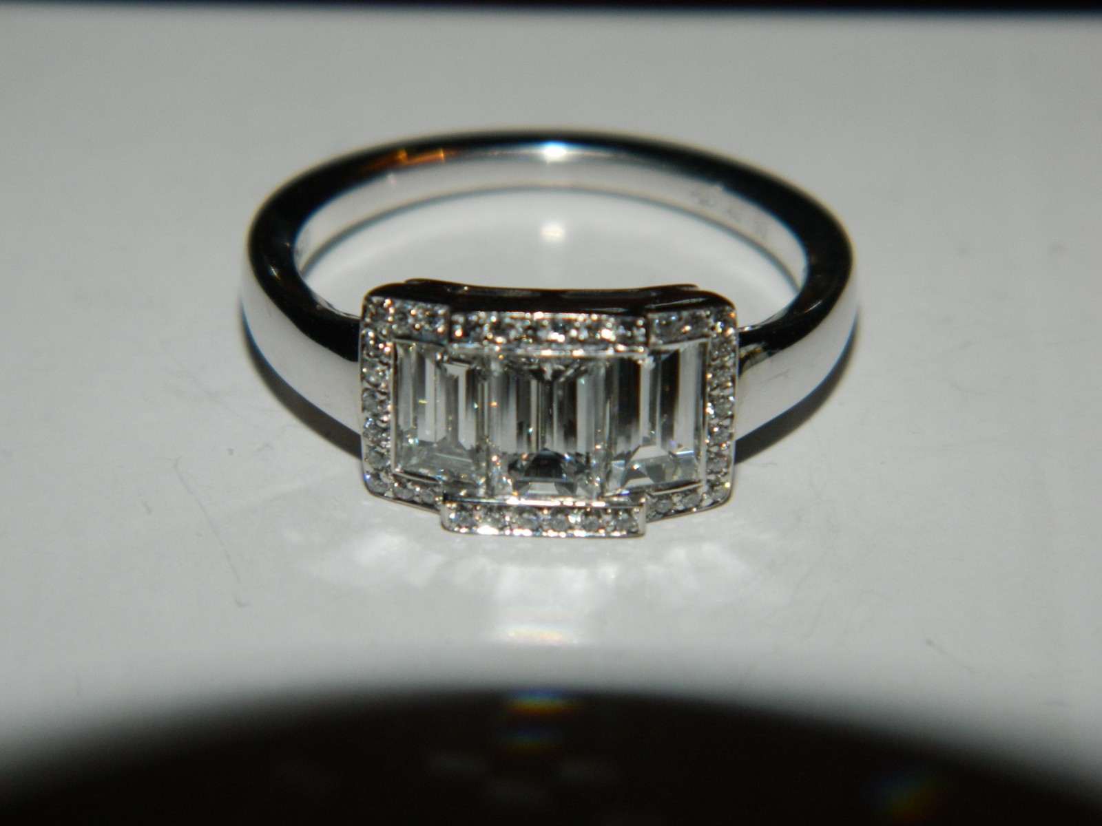 Hans D Krieger 18k White Gold 1.44ctw Diamond 3 Stone Emerald Cut Halo Ring 7
