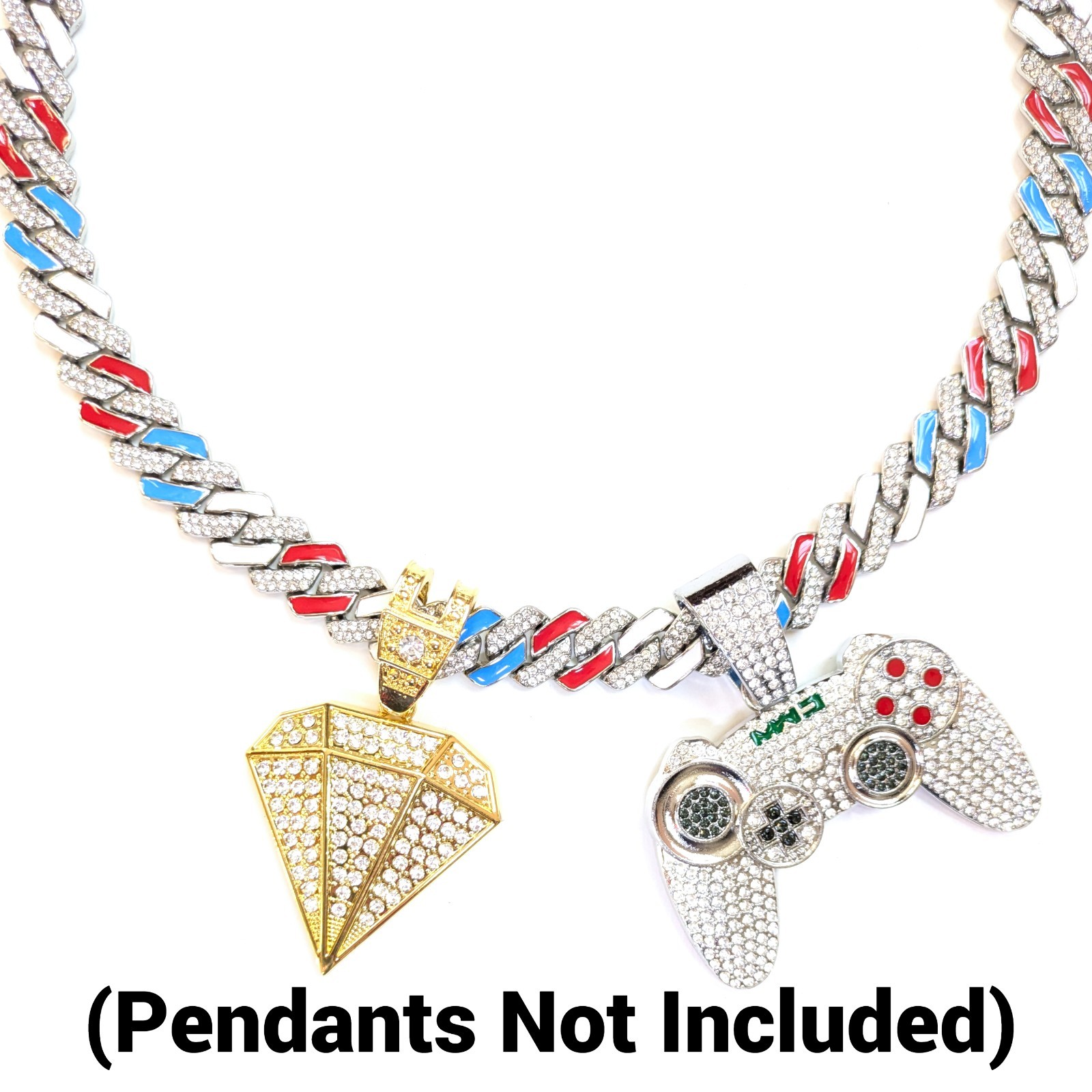 Silver, Red White & Blue Iced-Out Tilted Cuban Link Chain Gem Necklace (20″-28″)