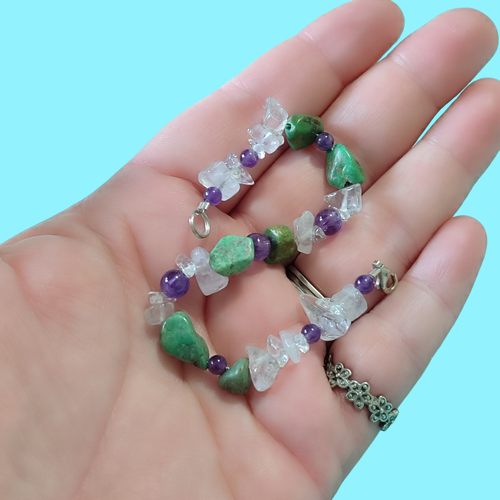 Sterling Silver Amethyst Quartz And Turquoise Bead Bracelet 7.2in Long