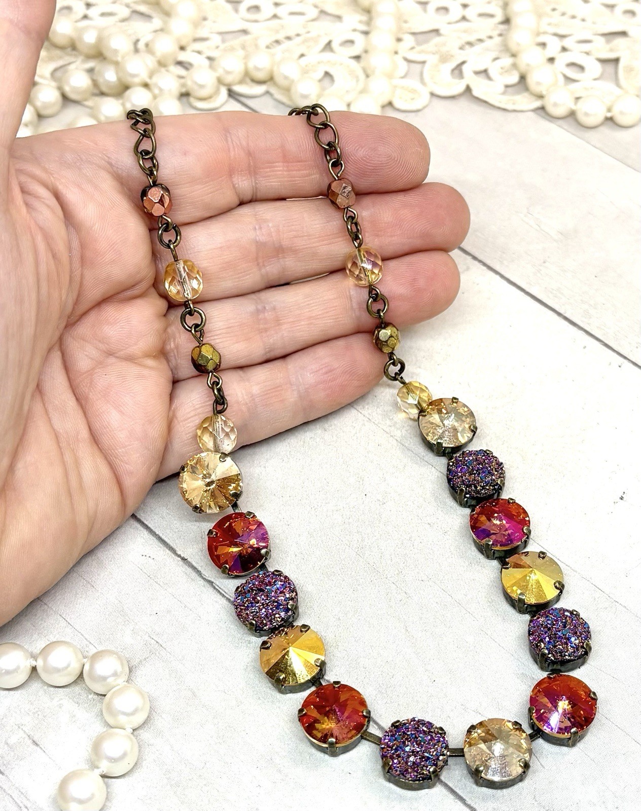 Brass Plated Orange Glitter Gold Cup Chain Statement Necklace With Beads