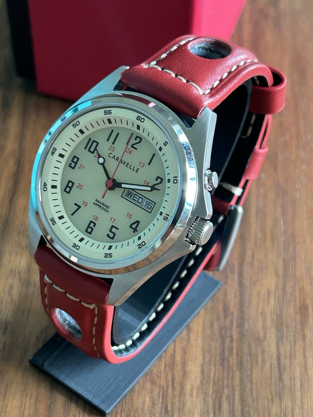 Caravelle Railroad Approved Quartz Day-Date 24Hr Dial Red Leather Strap
