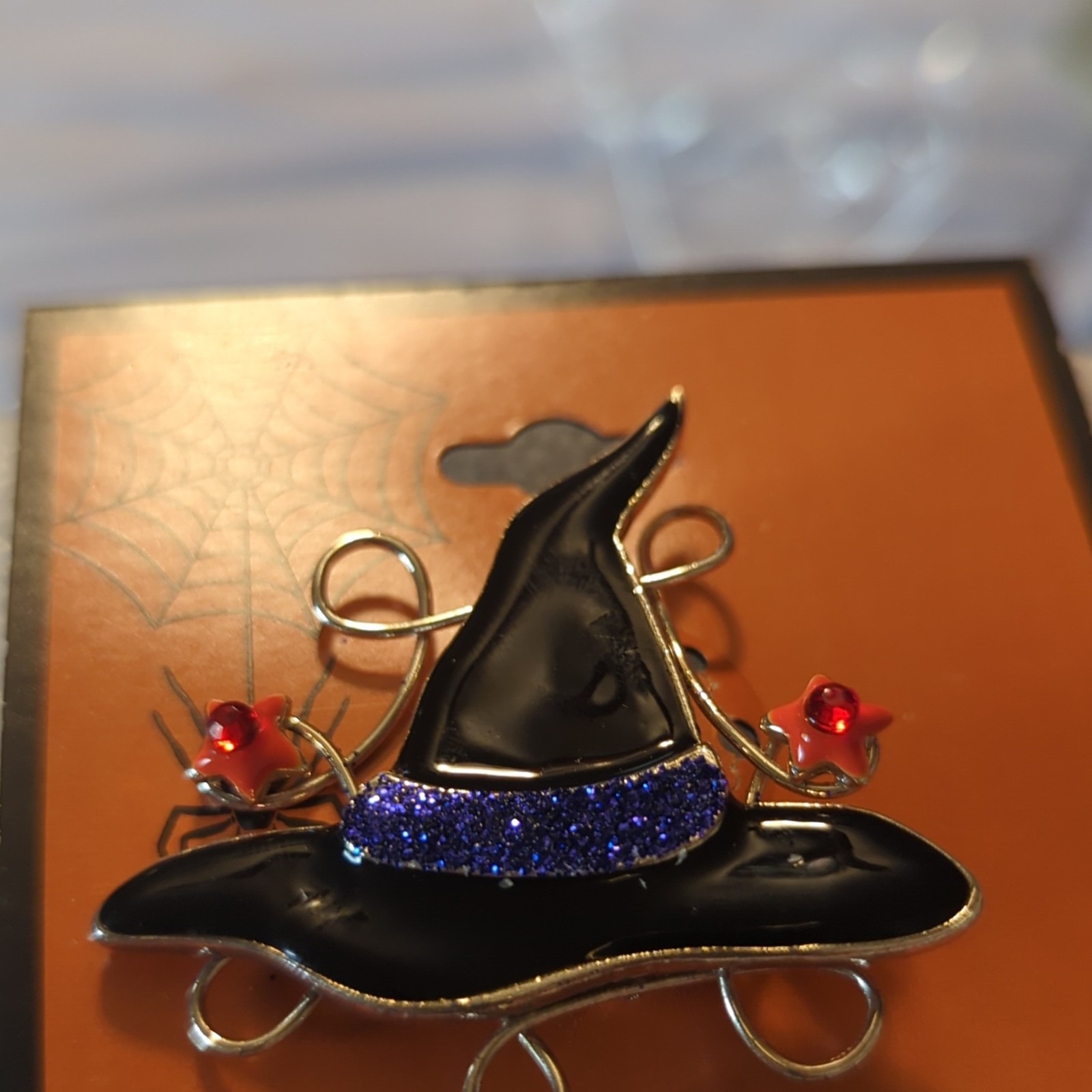 Black Enamel Witch Hat Halloween Brooch Pin, Orange Blue Silver Dangle