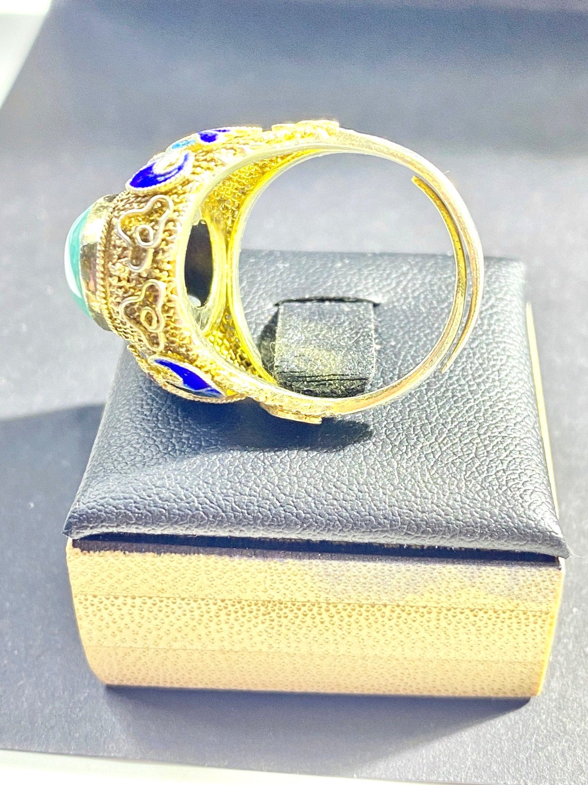 Vintage Chinese Export Silver Vermeil Turquoise & Enamel Adjustable Sized Ring
