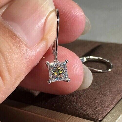 1.50Ct Princess Cut Simulated Diamond Dangle/Drop Earrings 14K White Gold Plated