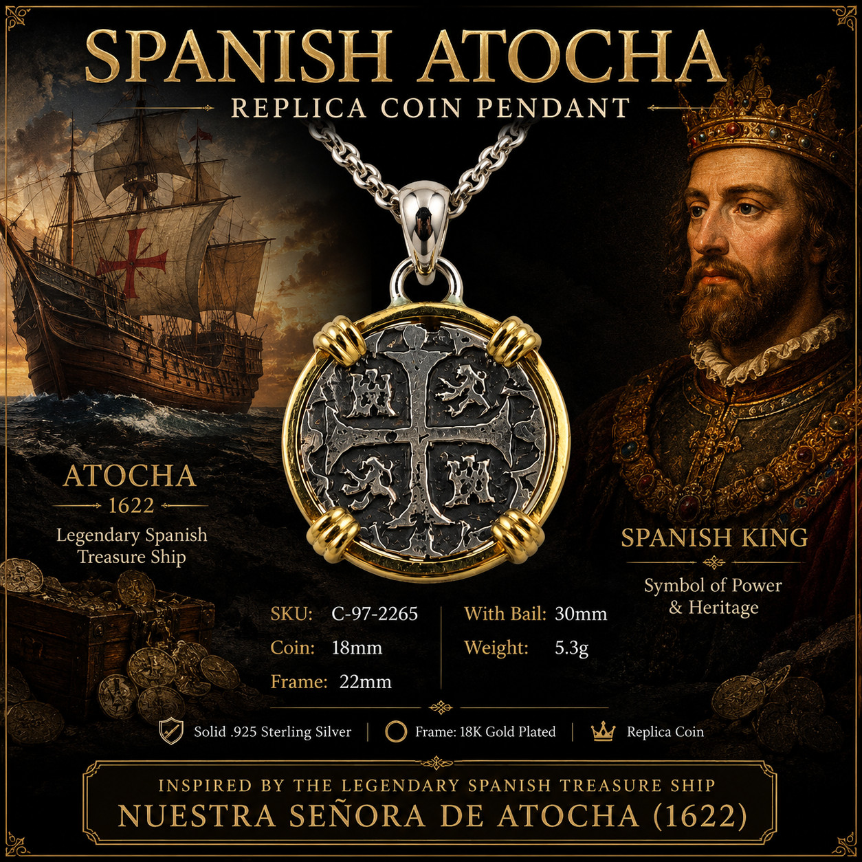 Spanish Atocha Coin Pendant 925 Sterling Silver 18K Gold Plated Frame 30mm