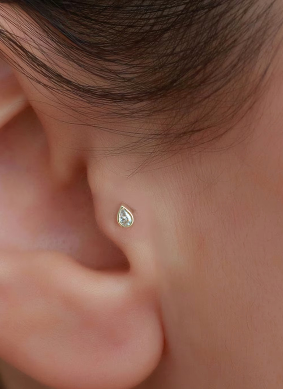 Real 0.04 Ct Pear Diamond Nose Stud Screw Piercing Pin 18 Gauge 14K Yellow Gold