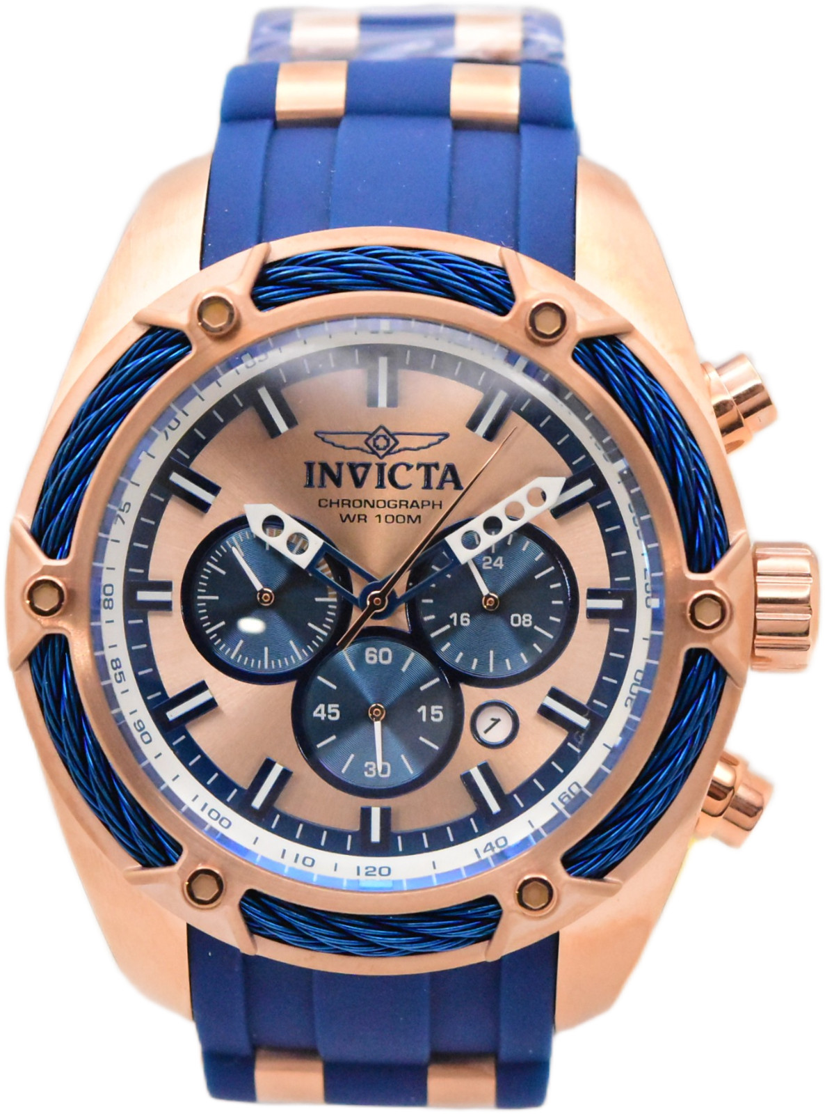 Invicta Bolt Men’s 52mm Rose Gold Blue Cable Silicone Chronograph Watch 31434