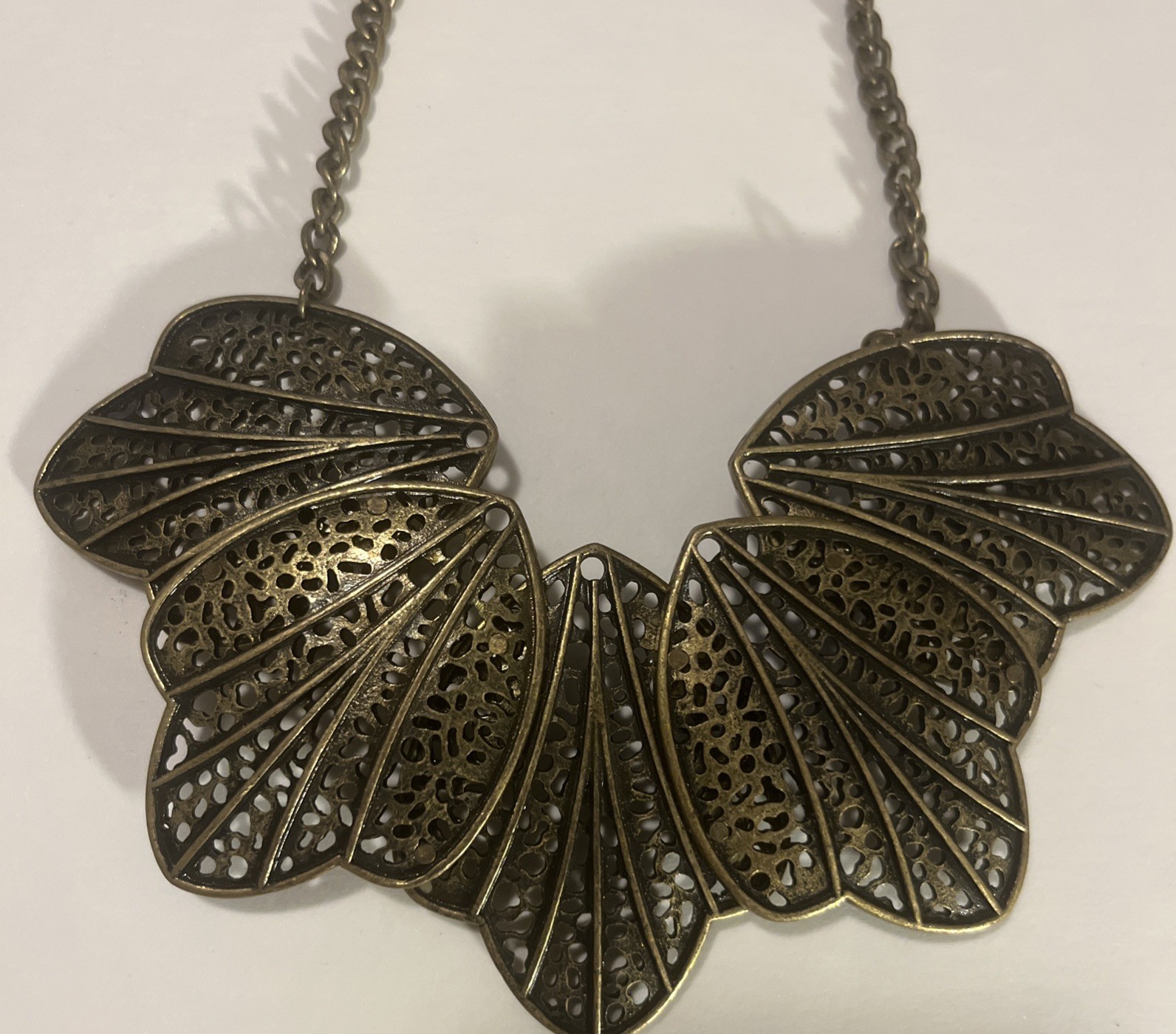 Antique Brass Statement Necklace Filagree Leaves 21 Inches Fashion Jewelry