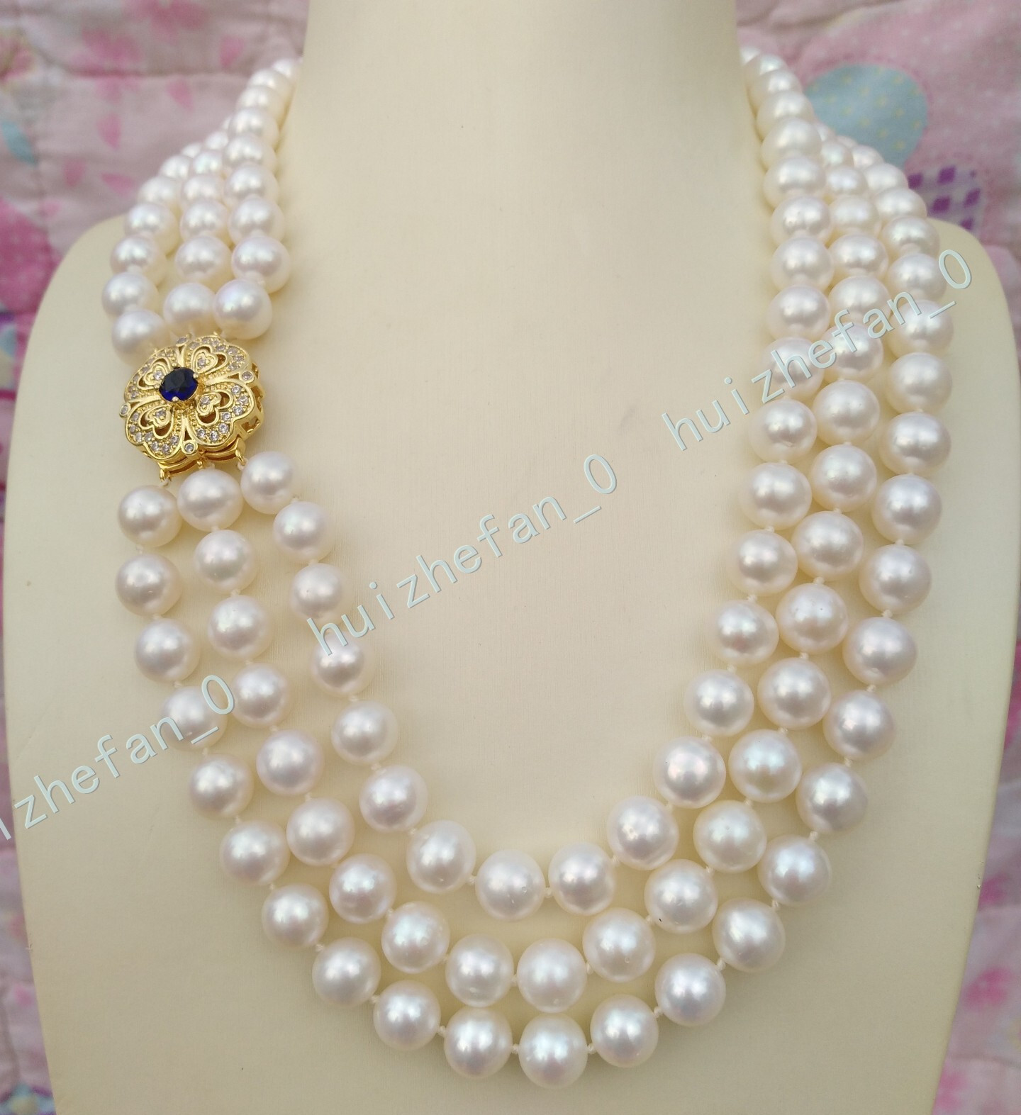 17-19IN Triple Strands 9-10mm Round Natural White South Sea Pearl Necklace 14KGP