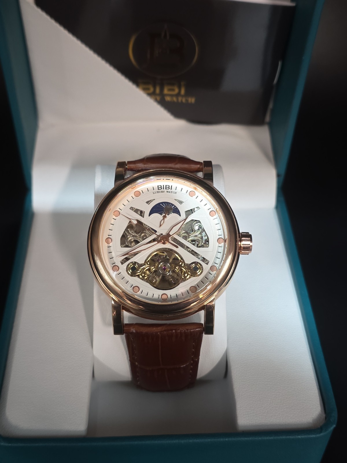 BIBI Luxury Watch Automatic Skeleton Rose Gold, Leather Band