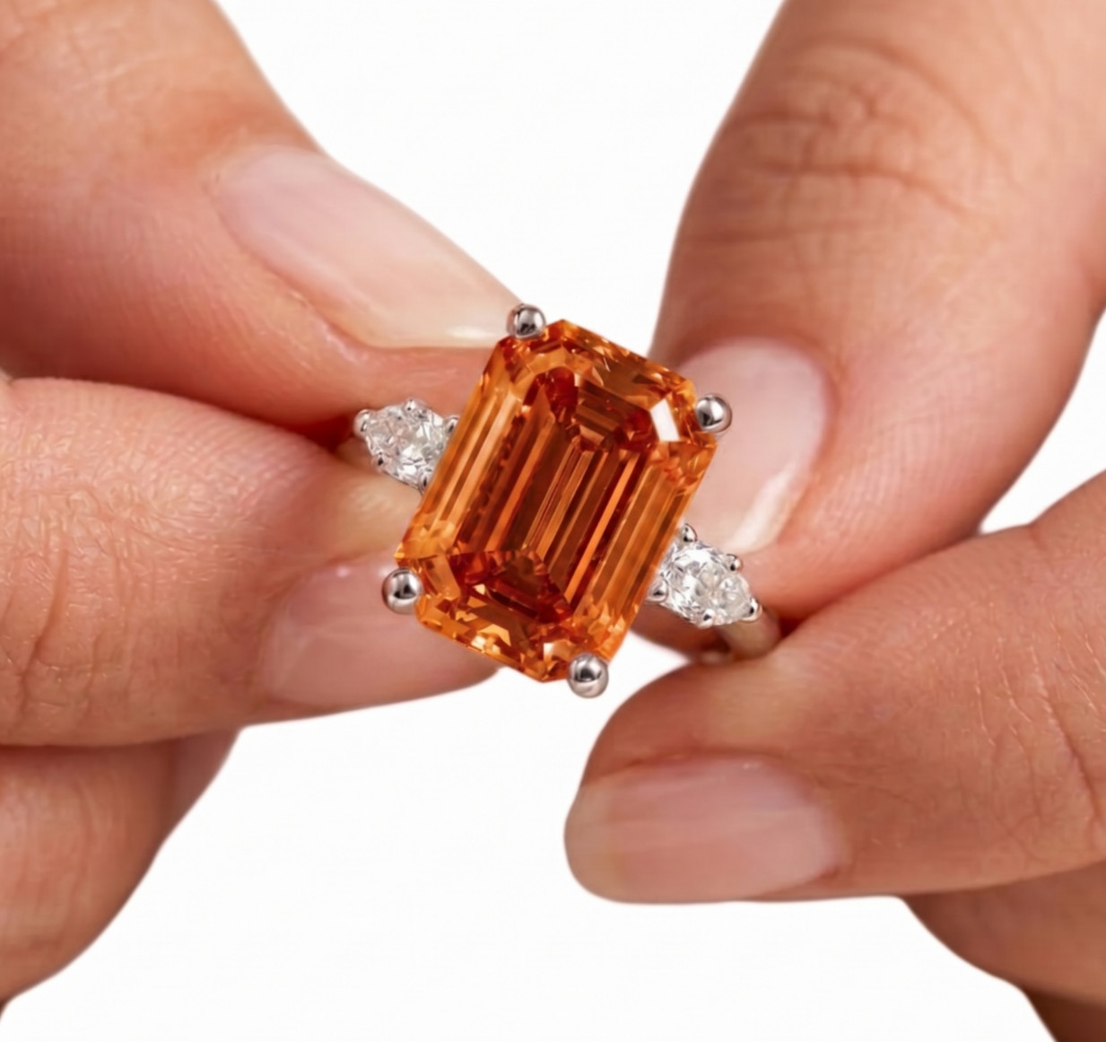 RARE 8.00 Ct Certified Emerald Cut Orange Natural Diamond Ring White Gold Finish