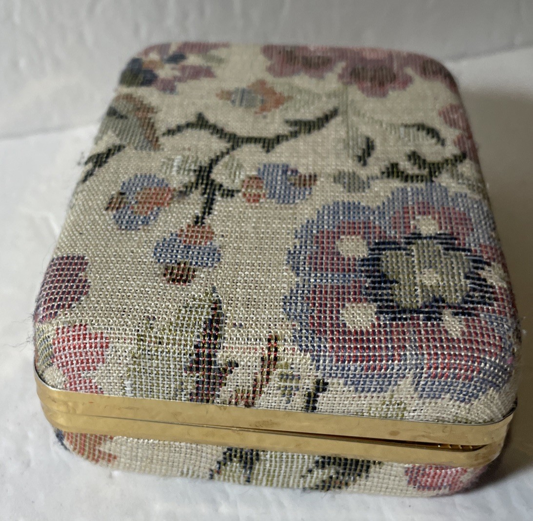 Vintage Tapestry Jewelry Box Hard Case Floral 4.5 X 3.5 X 1.75”