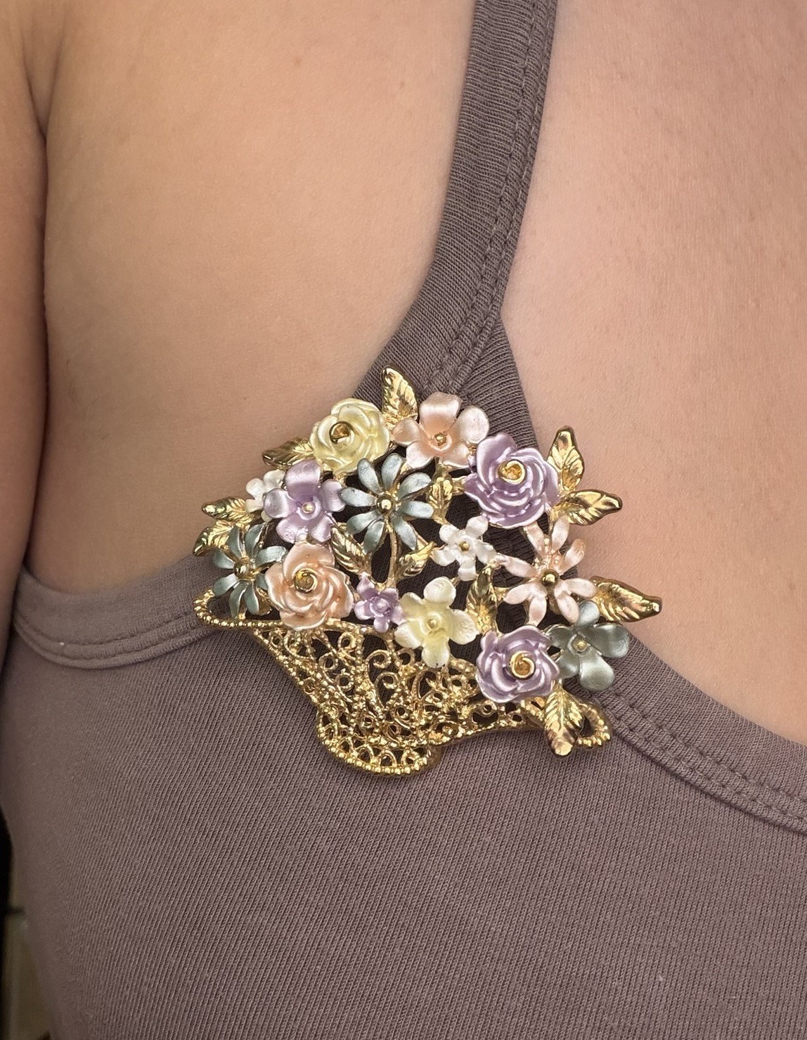 Vintage Gold Tone Filigree Flower Basket Brooch Pastel Enamel Spring Floral Pin