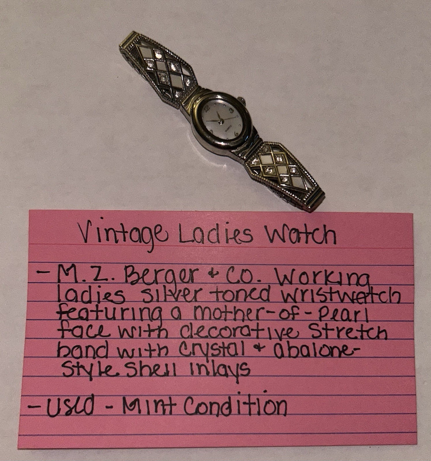 M.Z. Berger & Co. Vintage Quartz Dress Watch MOP Dial Silver Stretch Band