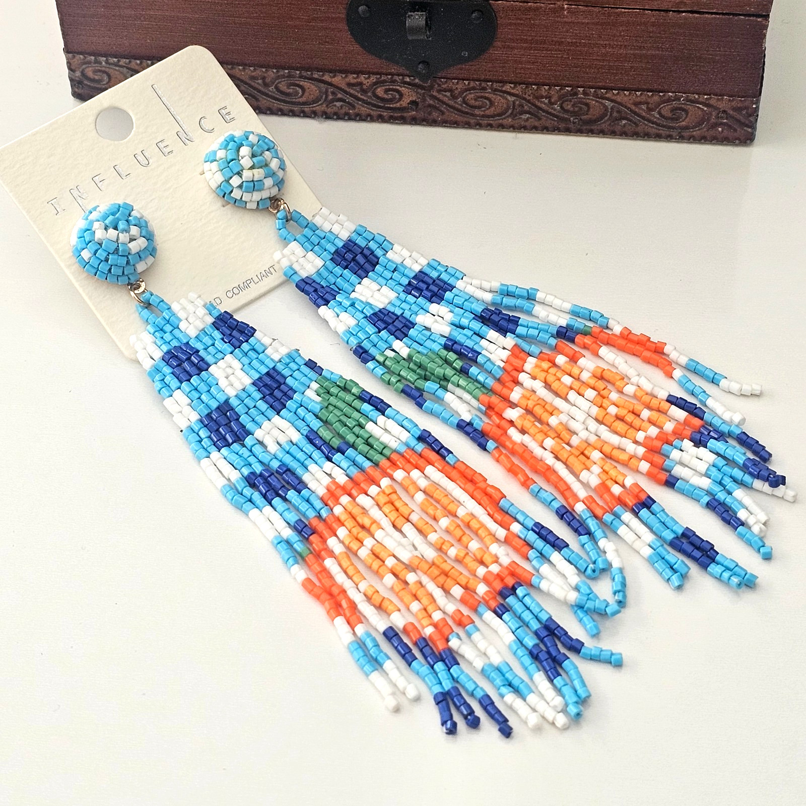Boho Chic Blue Orange Fruit Dangle Drop Fringe Bead Earrings Beaded 5.5″ NEW