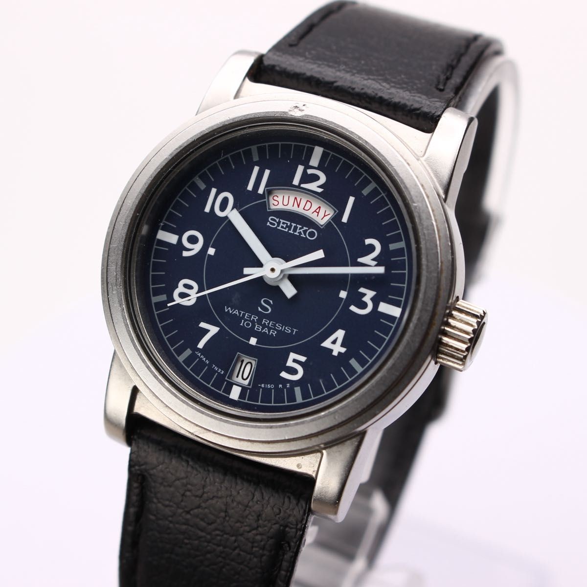 SEIKO SUS Quartz Watch 7N33-6050 Analog Military Navy Dial Stainless Steel 32mm