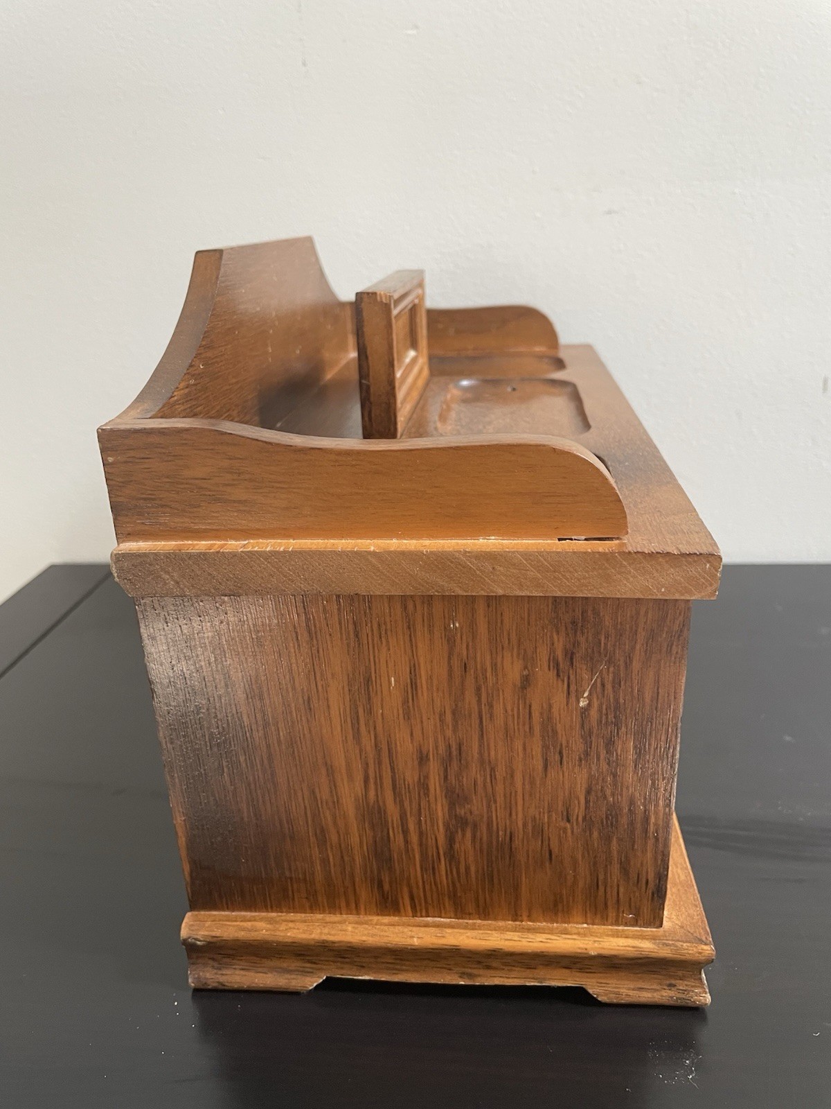 Vintage 1970s Carved Walnut Desktop Jewelry Box 3 Drawers 12”x 8,5”x 6”