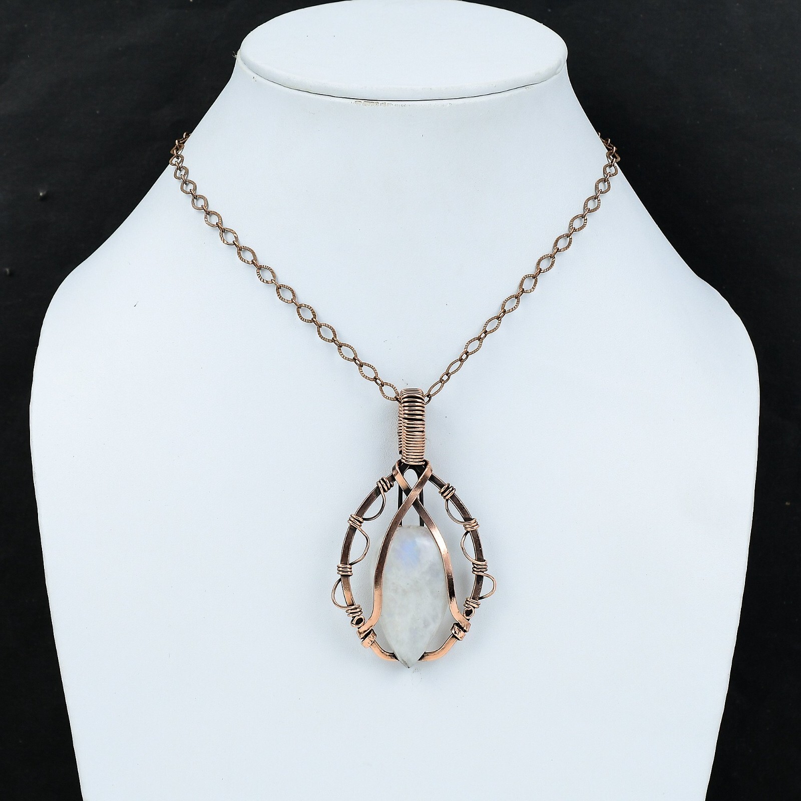 Rainbow Moonstone Wire Wrapped Pendant Handcrafted Copper Designer Jewelry 2.91″