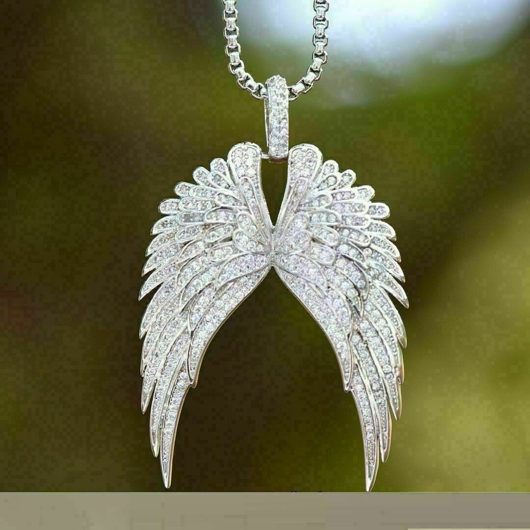 2Ct Round Lab Created Diamond Open Angel Wings Charm Pendant White Gold Plated