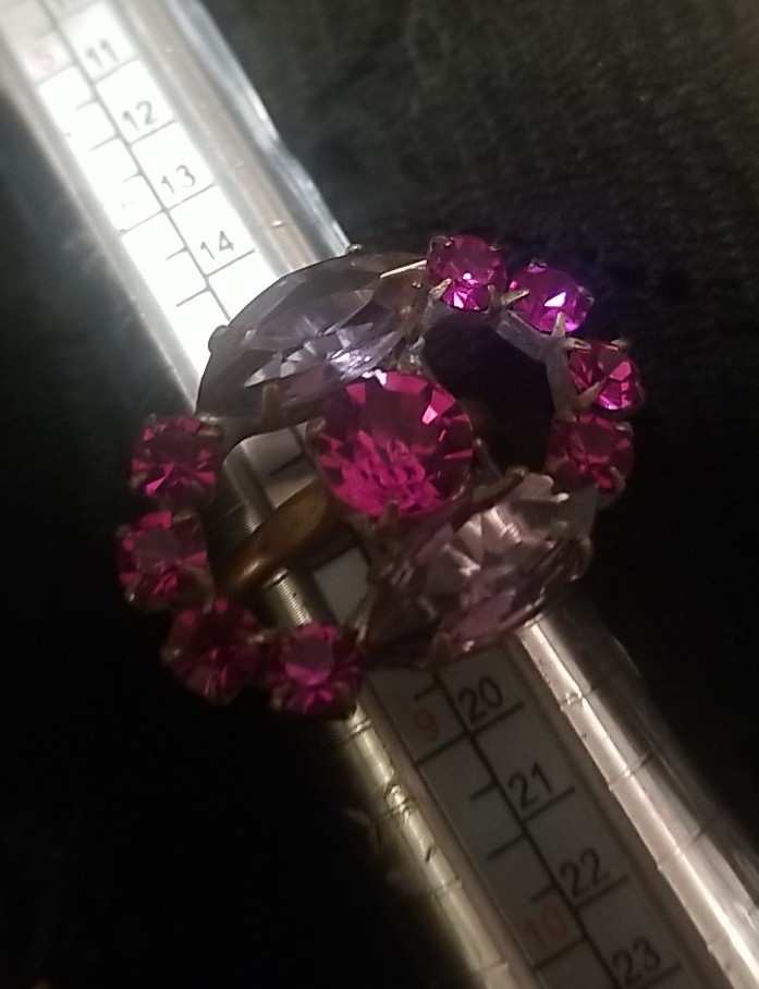 Antique, BIJOUX MG, Earrings&Ring Set, Rhinestones, Ring Size 8, Dark Pink, Gray