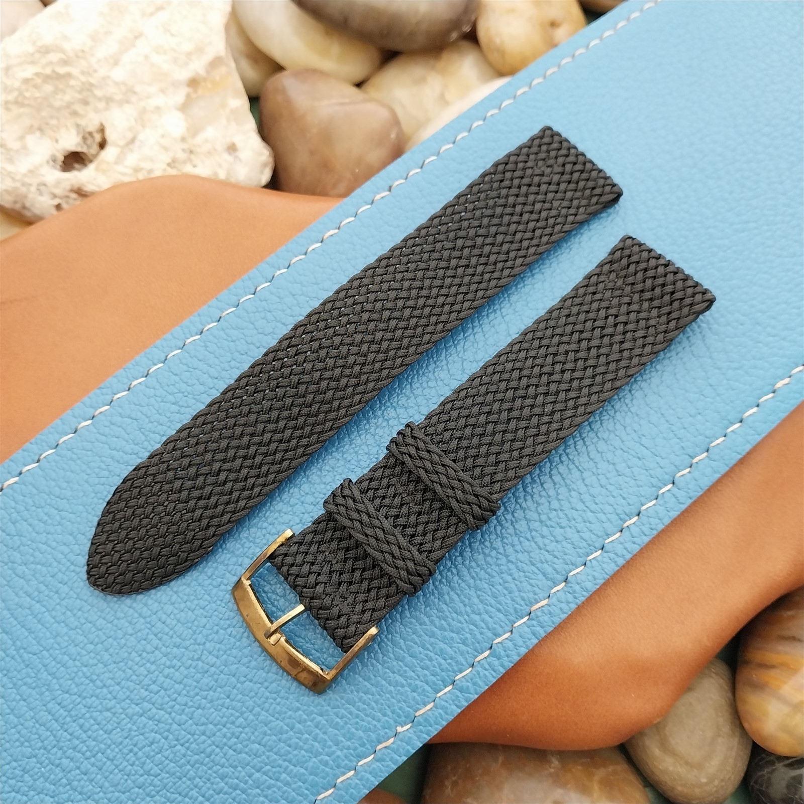 Vintage 18mm Braided Perlon Black 2-piece 1970s Unused Watch Strap &Brass Buckle