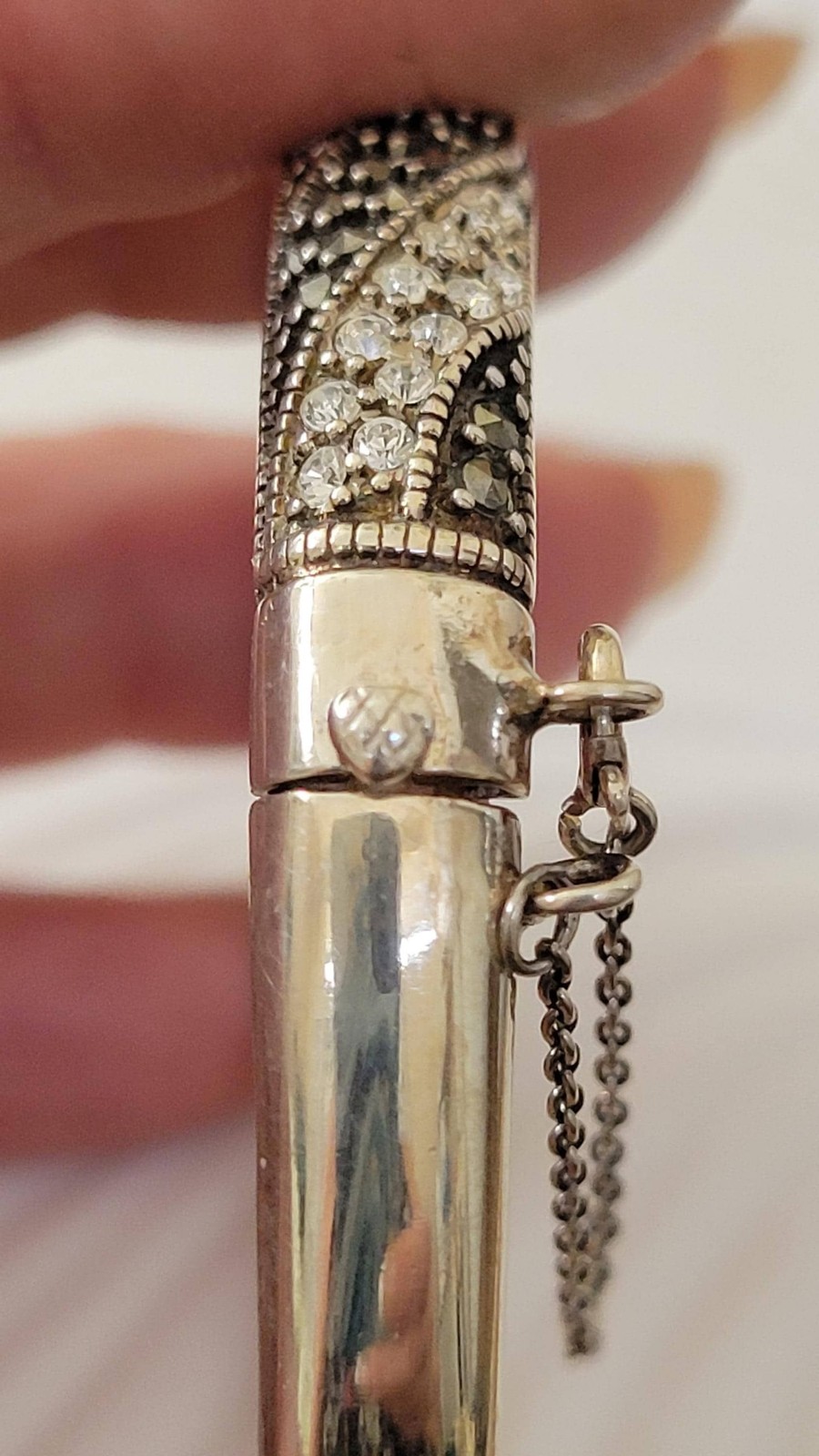 Vintage 925 Sterling Silver Marcasite Bangle Bracelet with Safety Chain