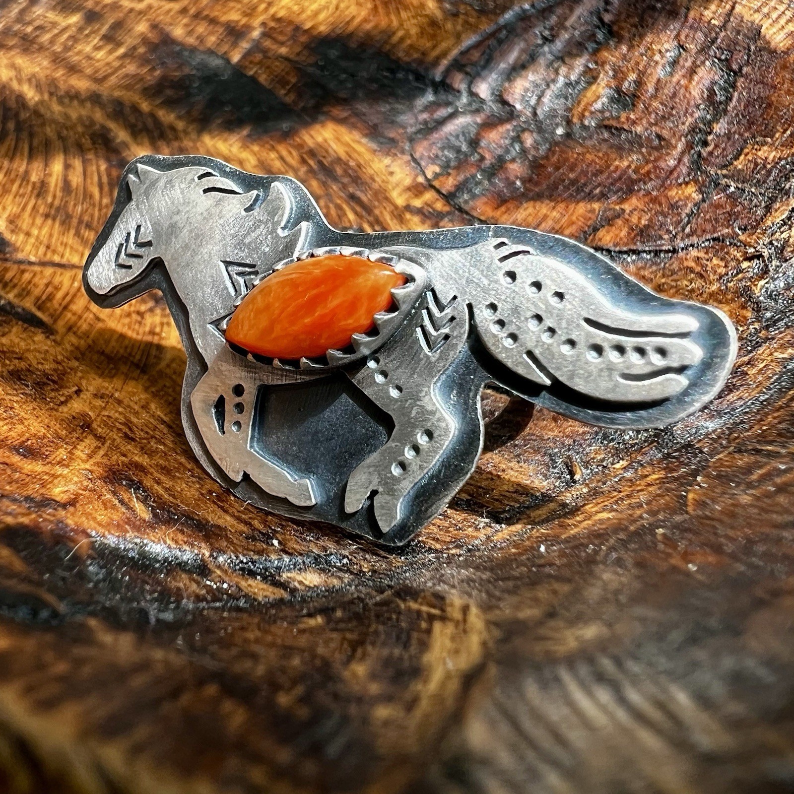 Sterling Silver Spiny Oyster Horse Ring Size 8 Adjustable | Southwestern