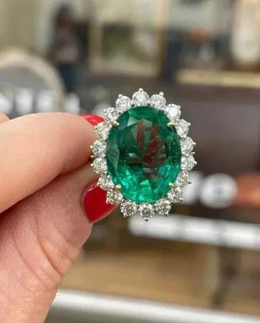 7.20Ct Oval Cut Natural Emerald & Diamond Solid 14K White Gold Engagement Ring