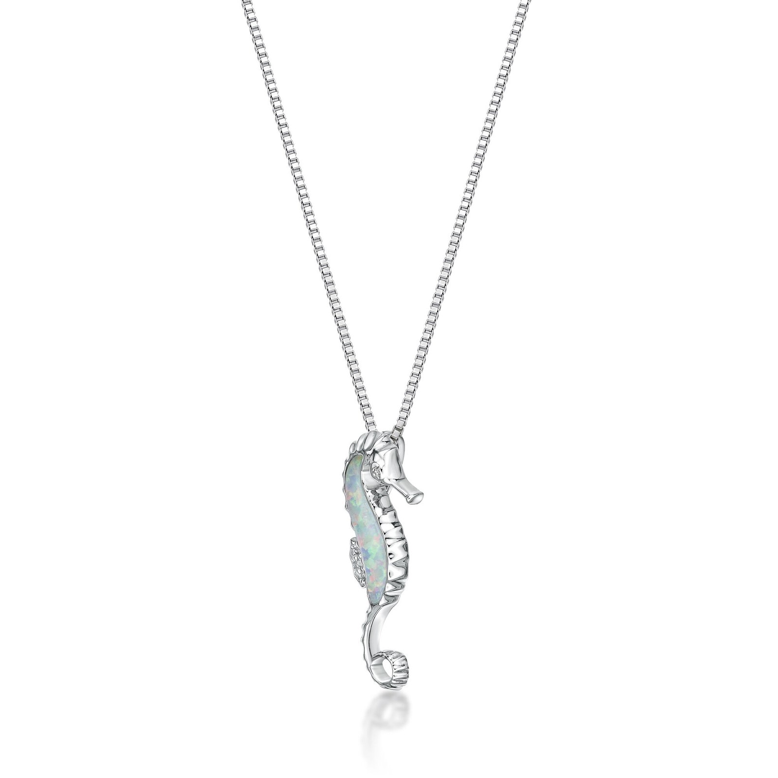 .012 cttw Diamond and Created Opal Seahorse Pendant in Sterling Silver 18″