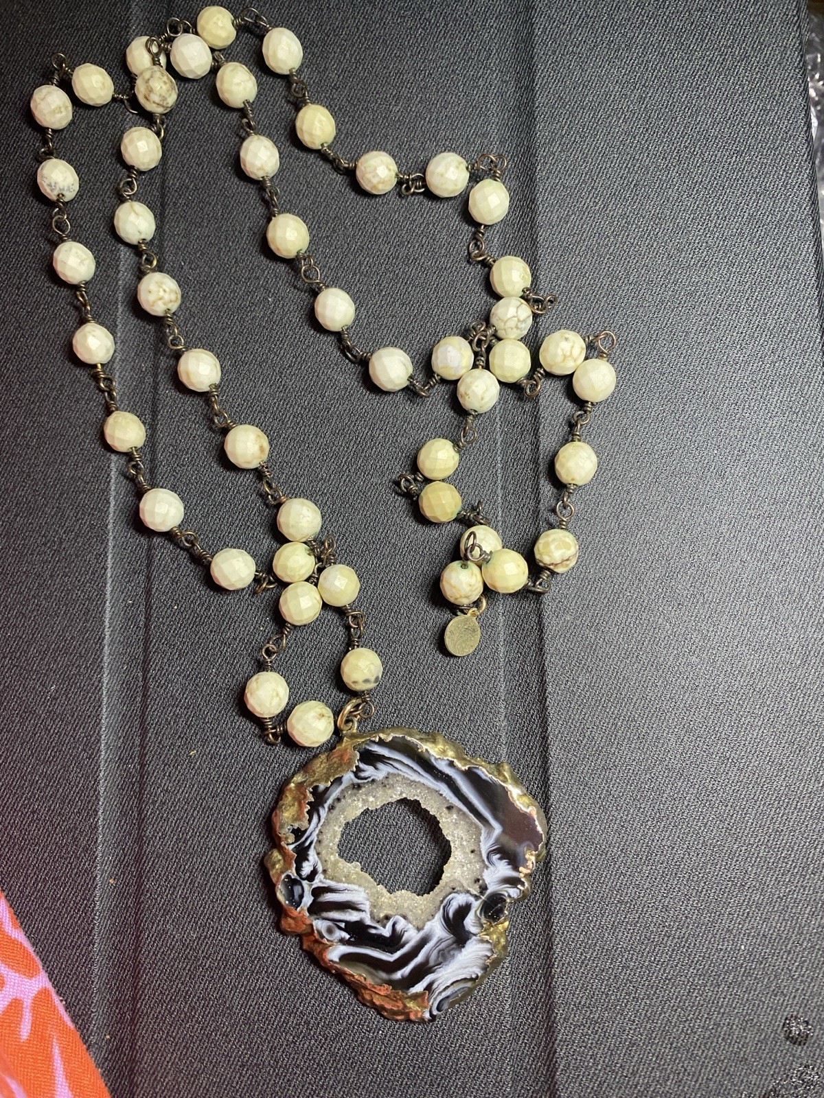 Glam Girl Gems Off White Beaded Unknown Stone With Druzy Crystals Necklace 34″