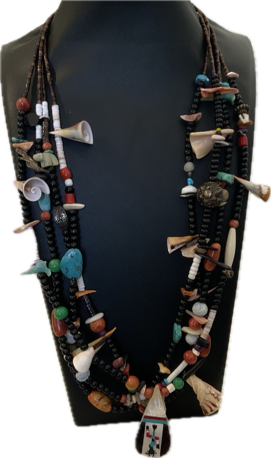 Multi-Strand Native American Style Fetish Necklace Carved Animals Stones & Shell