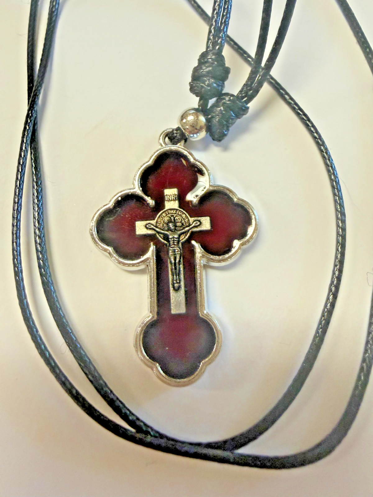Saint Benedict Dark Red Budded Crucifix Cord Necklace, New #Gftshp-153