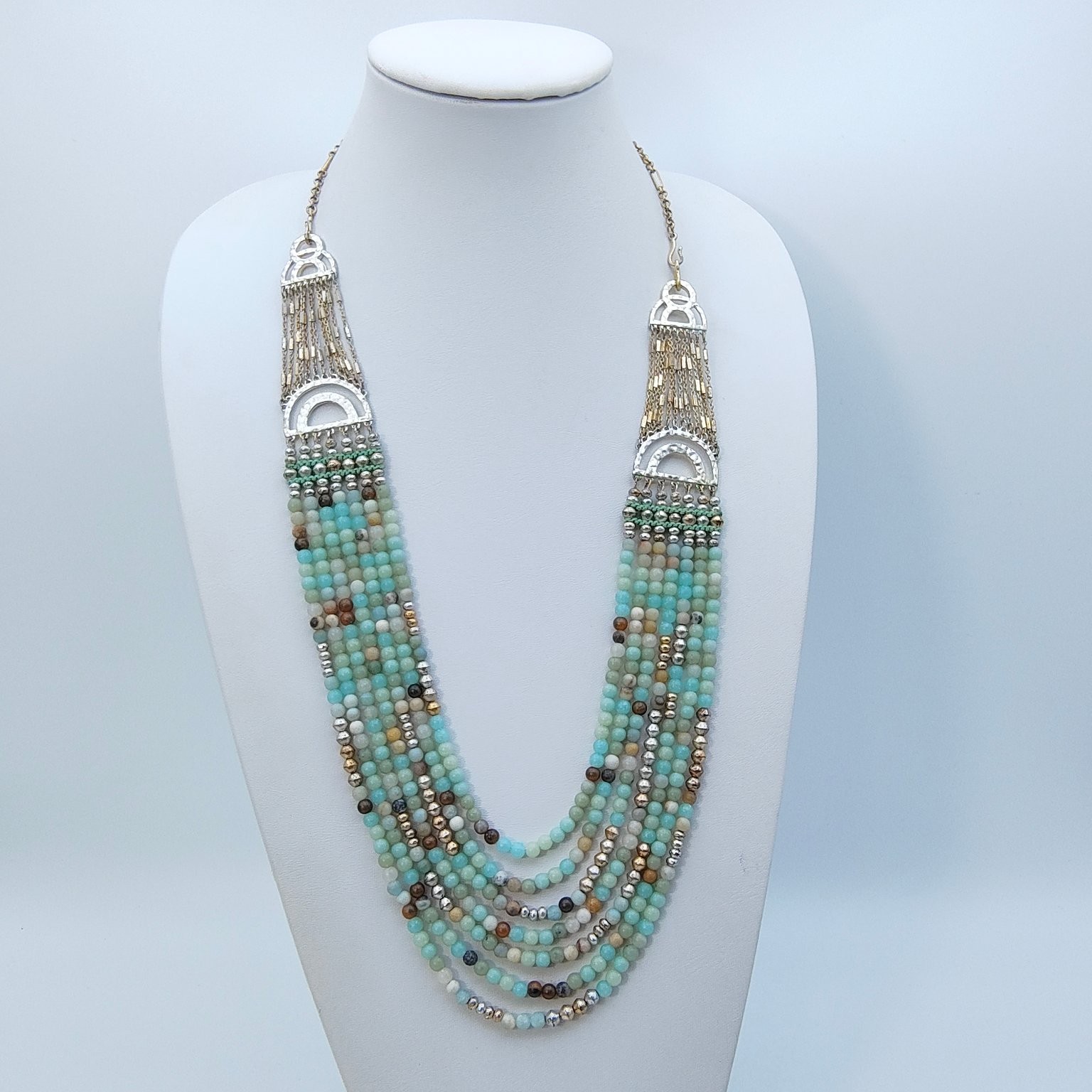 Boho Multi-Strand Beaded Necklace 18″ Amazonite Jasper Silver Tone Statement