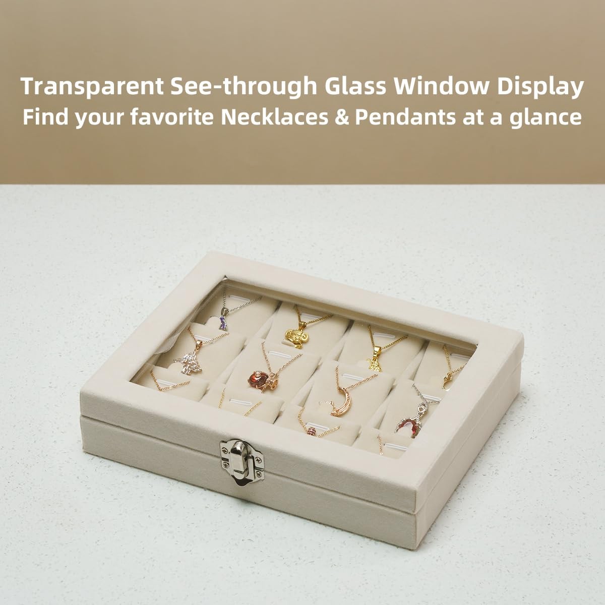 Jewelry Necklace Organizer Tray, Beige Necklace Display Case for Storage Jewe…