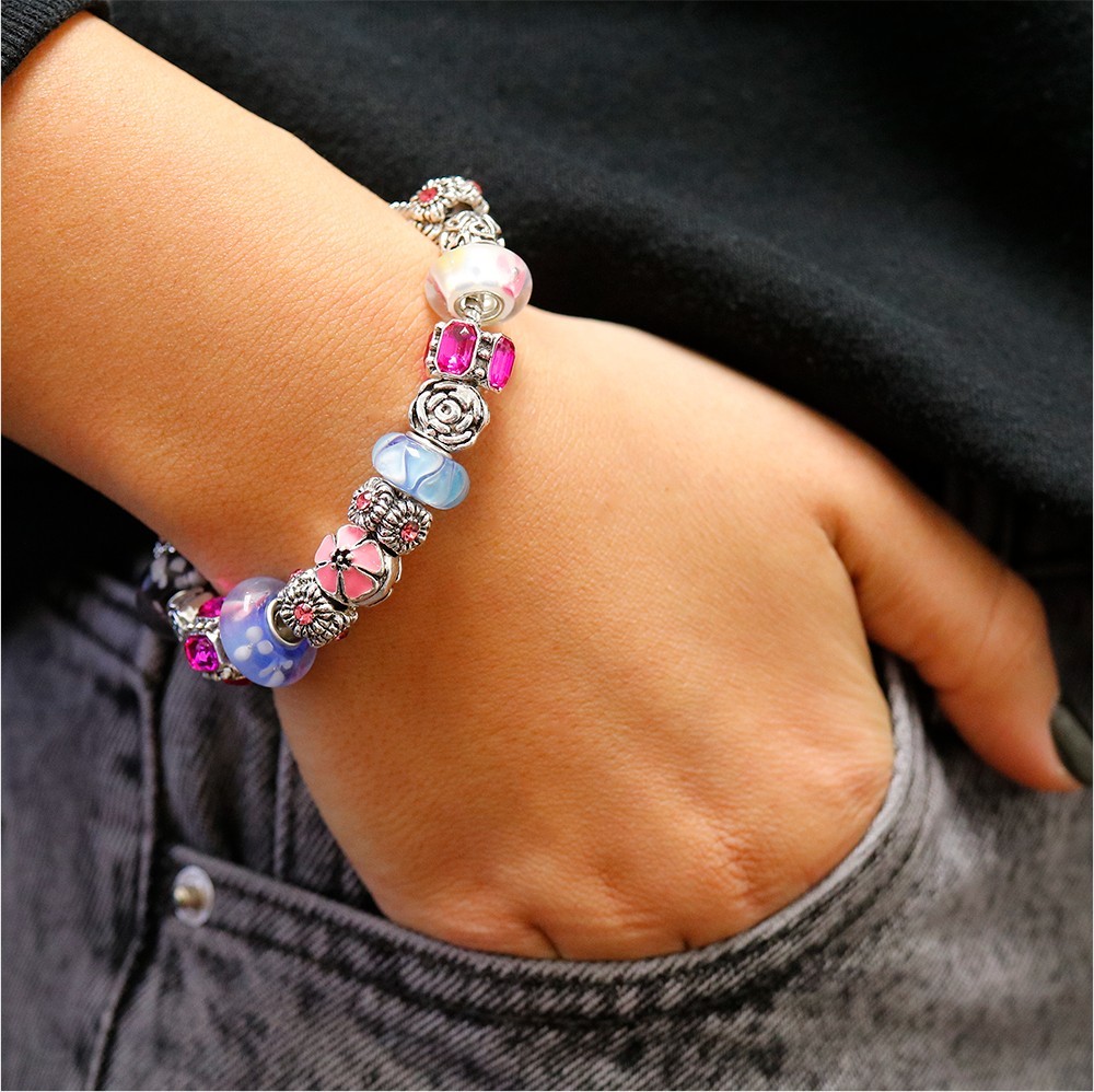 18K White Gold Plated Flower Crystal CZ Charm Bracelet Made with Swarovski