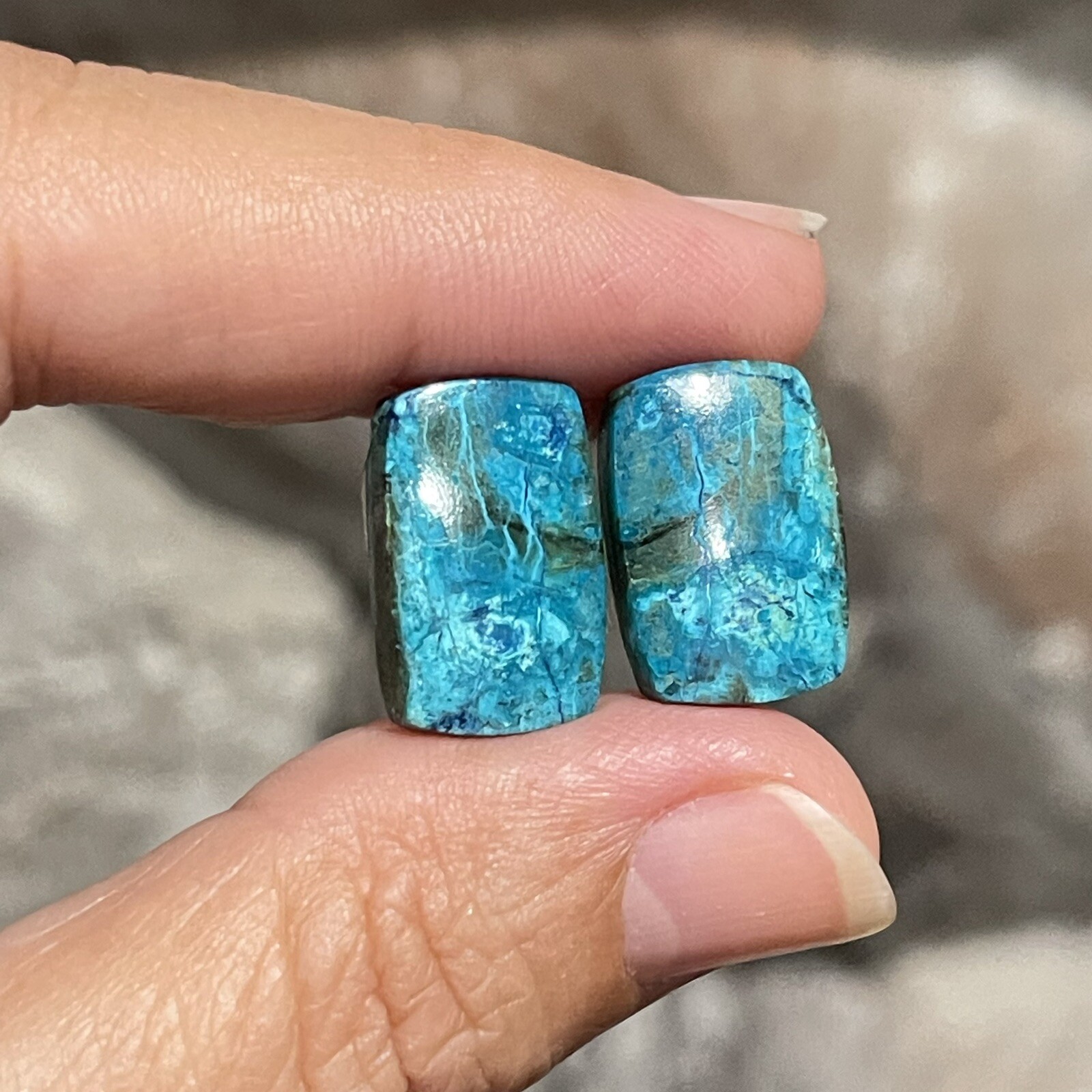 19.6ct 14.3×11.5×4.3mm Pair Of Rare Blue Shattuckite Rectangle Cabochons Gems