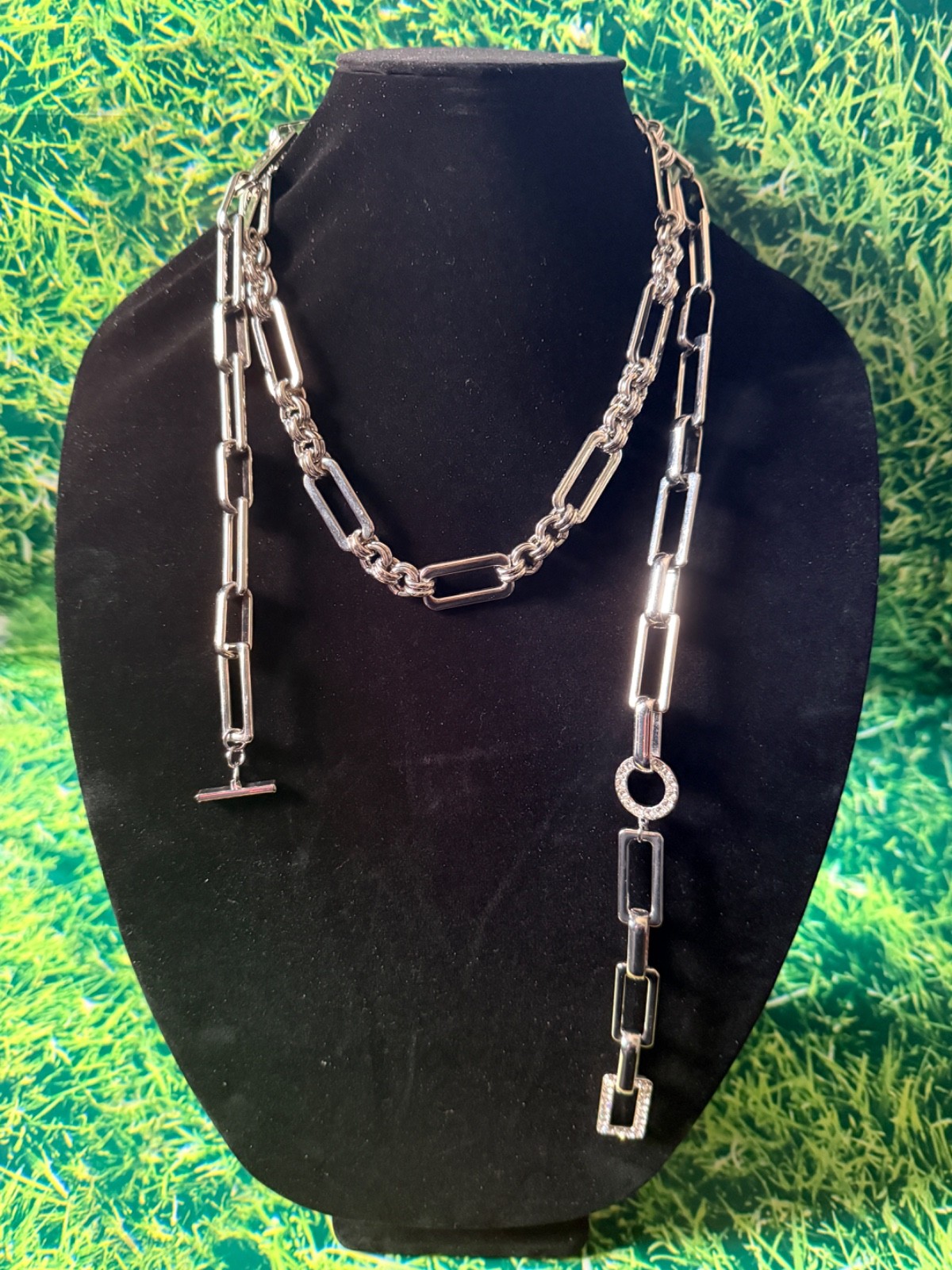 Silver Y Necklace 18″ Crystal Pavé Circle Front Closure Double Layered Link