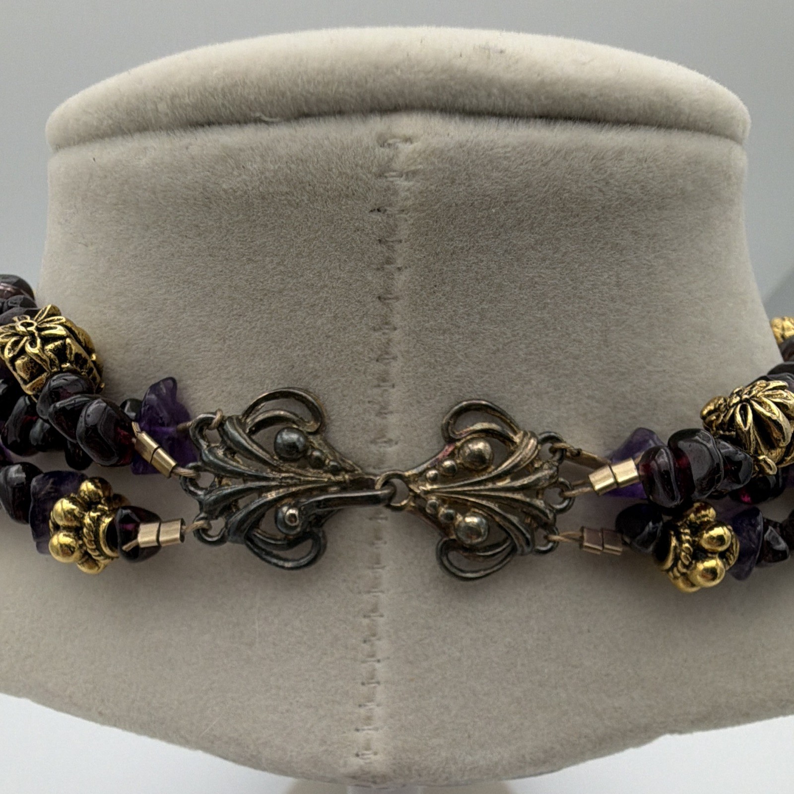 Multi-Strand Layered Beaded Necklace Amethyst Garnet Purple Gold 18” Hook