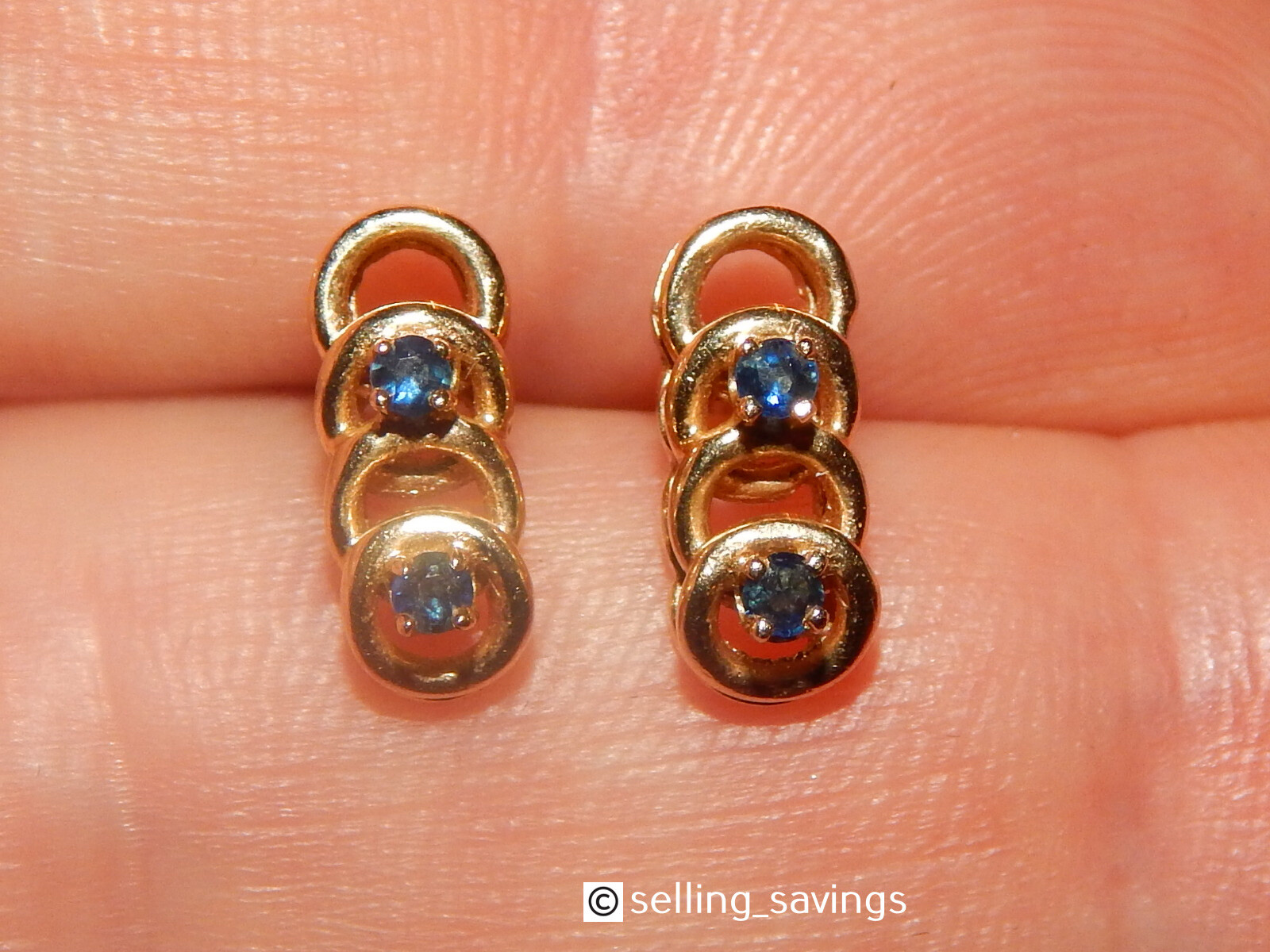 14K YELLOW GOLD SAPPHIRE OPEN CIRCLE STUD EARRINGS 1/2 INCH TALL X 1/4 INCH WIDE