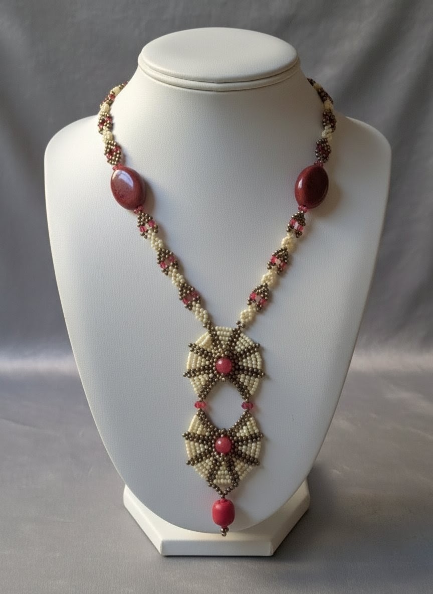 Unique Handcrafted Necklace Agate Stones Coral Bamboo Red Ethnic Long Pendant
