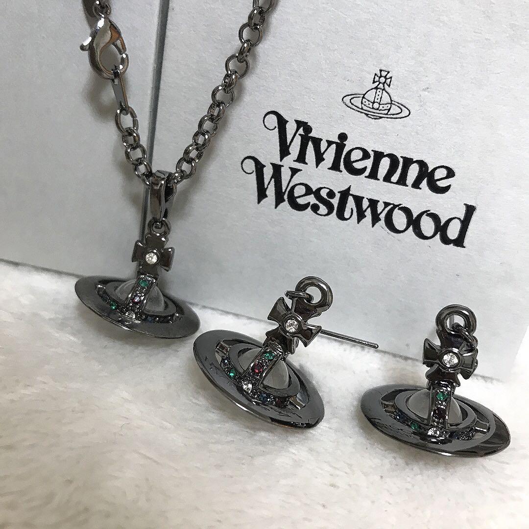 Vivienne Westwood Necklace Earrings Set Tiny Petit Orb Gunmetal NO Accessories