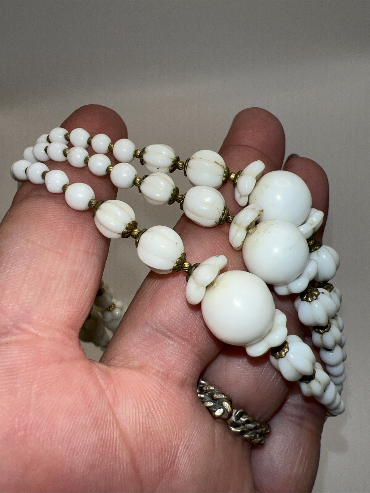 1930s 40s Milk Glass Lariat Necklace Rhinestone Multi Strand Art Deco 34”