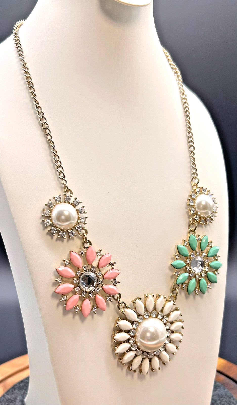 Bold Floral Bib Statement Necklace Pink Mint White Cream Pearl Rhinestones