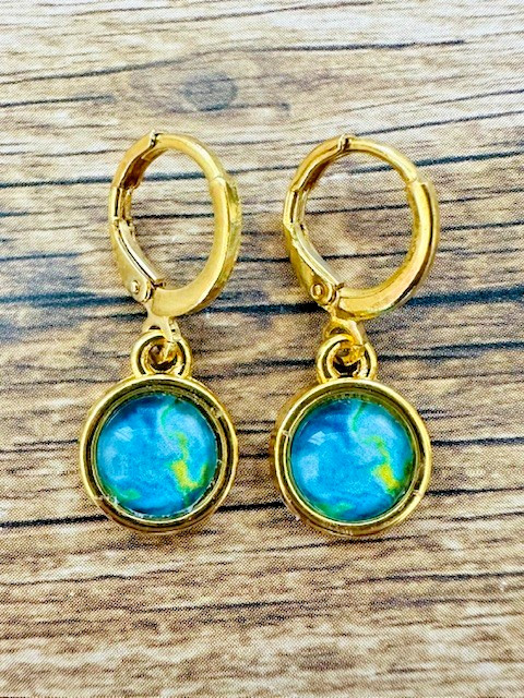 Huggie Hoop Nickel Free Lead Free Leverback Gold Teal Blue Swirl Earrings RTS