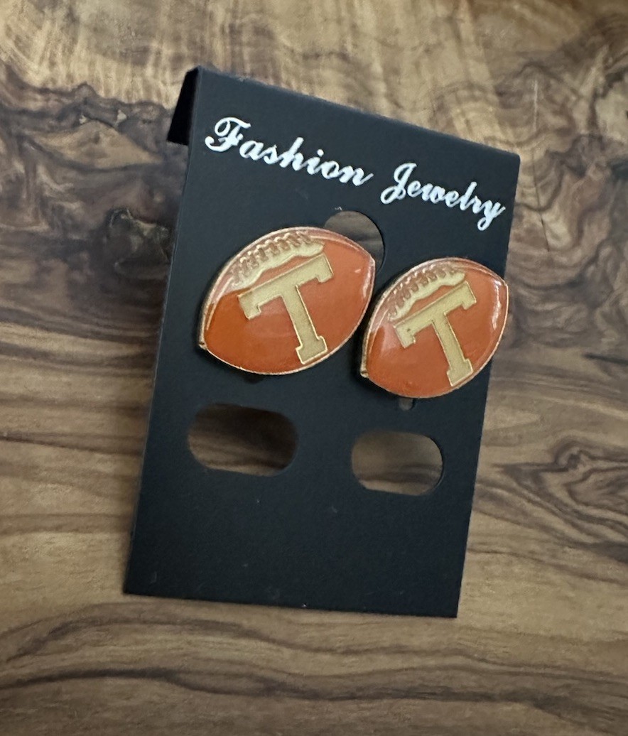 Tennessee T Football Stud Earrings • Orange Logo • Post Back Game Day Style