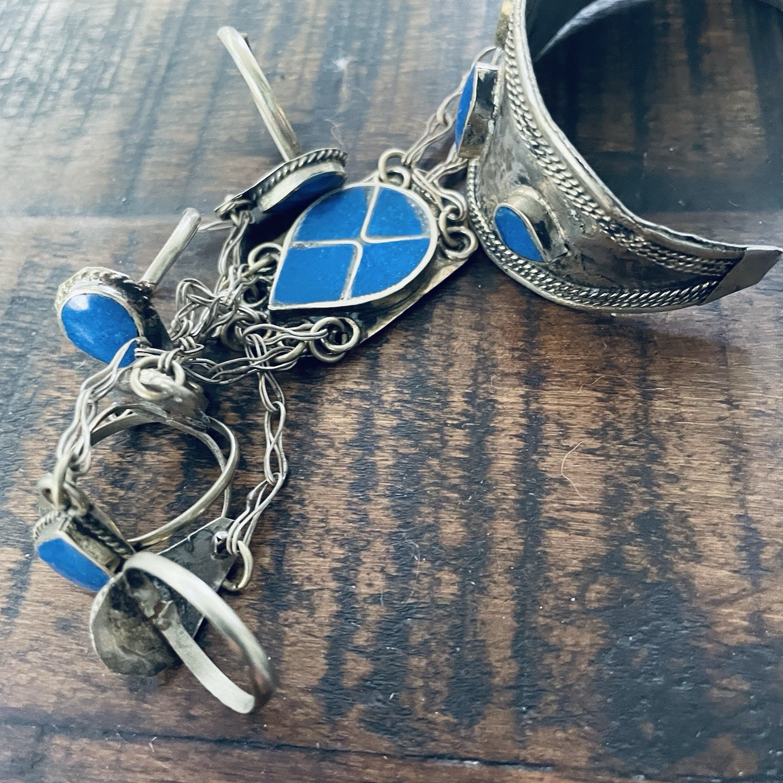 * Vintage Afghan Kuchi Lapis Lazuli Slave Bracelet 5 Finger Ring Panja Cuff 926