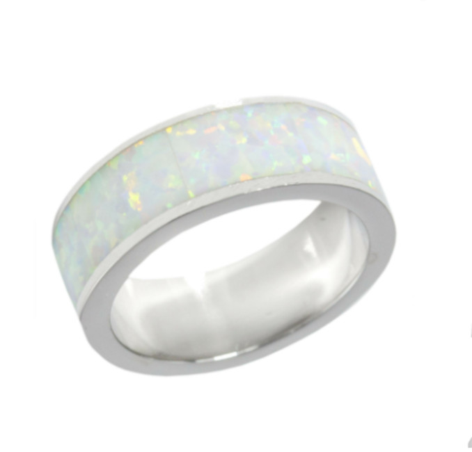 Created Opal Sterling Ring 6MM White Fire Silver 925 Band Eternity Size 5 – 10.5