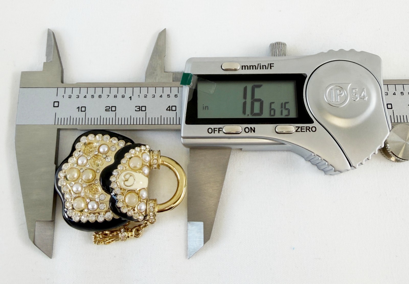 NEW ST. JOHN Handbag Brooch Black Enamel Pearl Crystals 24KGP Logo Pin Enhancer