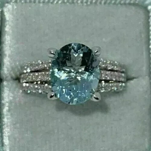 3Ct Oval Cut Lab Created Aquamarine Solitaire Wedding Ring 14K White Gold Plated