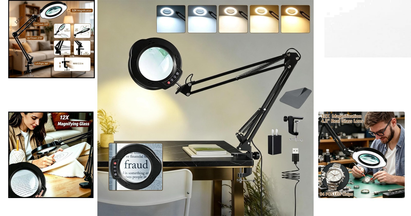 84 LED Magnification Lamp: 12X Real Glass Lens for Detail Work & Crafts